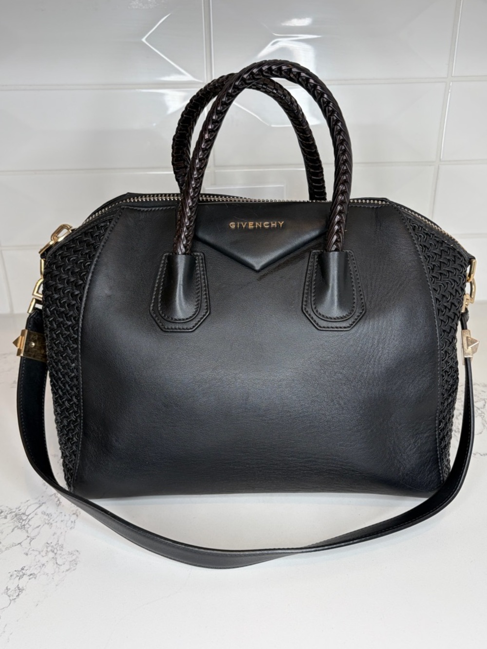 Givenchy Antigona Medium Black Leather Satchel Woven Panel